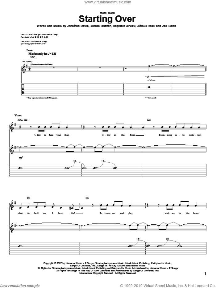 Starting Over sheet music for guitar (tablature) by Korn, Atticus Ross, James Shaffer, Jonathan Davis, Reginald Arvizu and Zak Baird, intermediate skill level