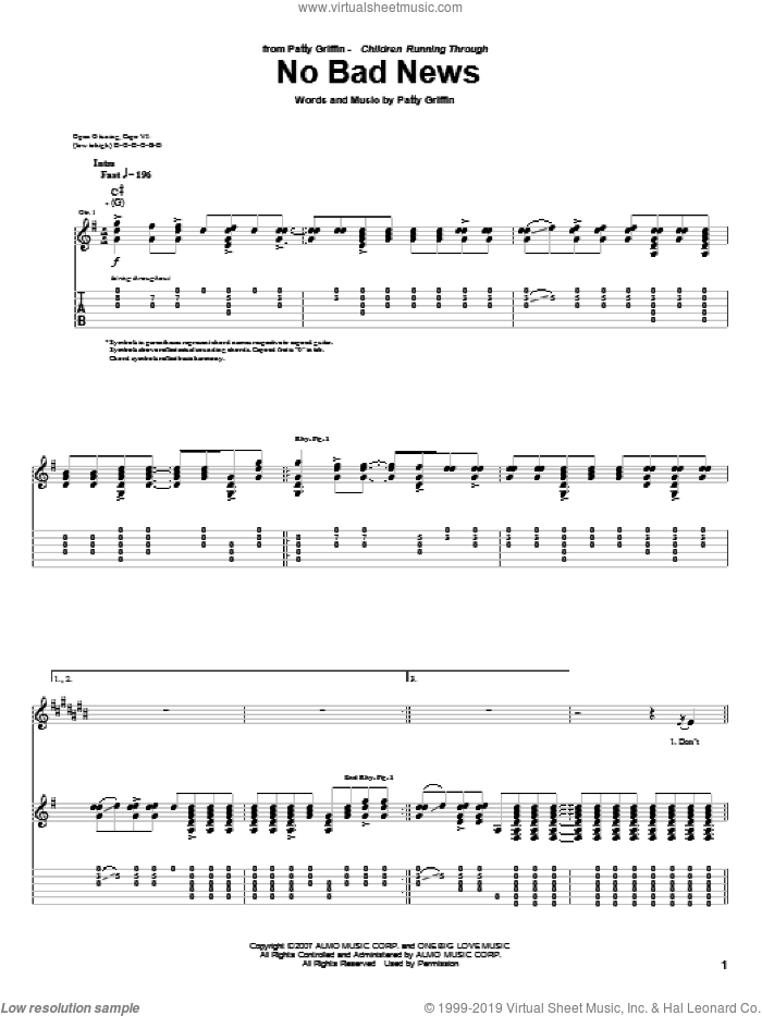 No Bad News sheet music for guitar (tablature) by Patty Griffin, intermediate skill level