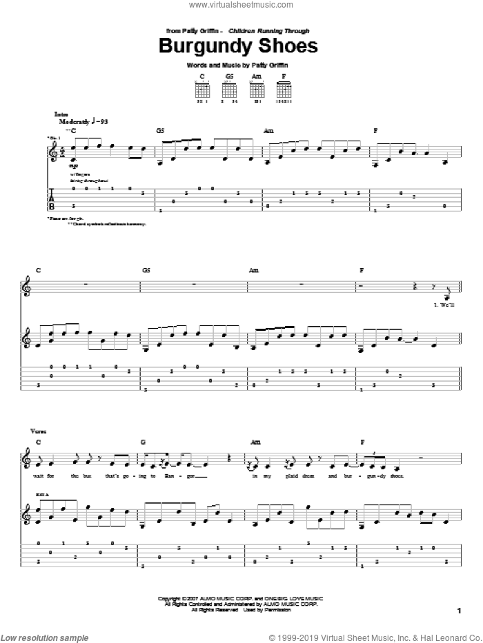 Burgundy Shoes sheet music for guitar (tablature) by Patty Griffin, intermediate skill level