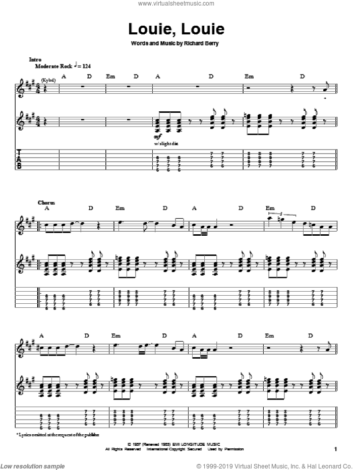 Louie, Louie sheet music for guitar (tablature, play-along) by The Kingsmen and Richard Berry, intermediate skill level