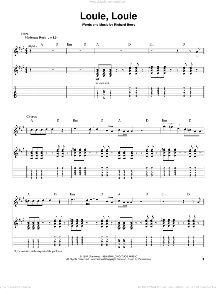 Louie, Louie sheet music for guitar (tablature, play-along) by The Kingsmen and Richard Berry, intermediate skill level