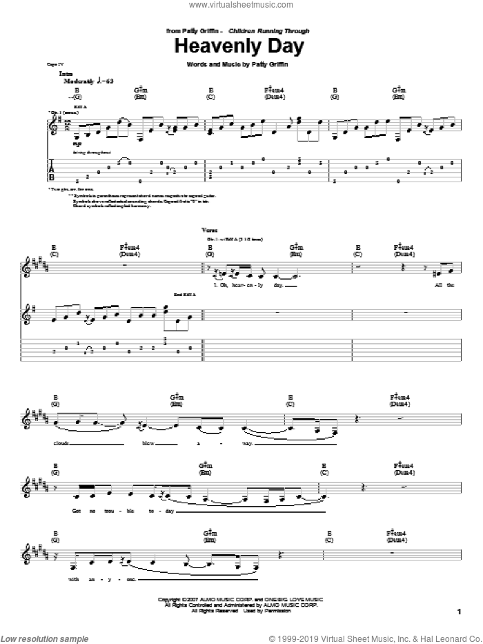 Heavenly Day sheet music for guitar (tablature) by Patty Griffin, wedding score, intermediate skill level
