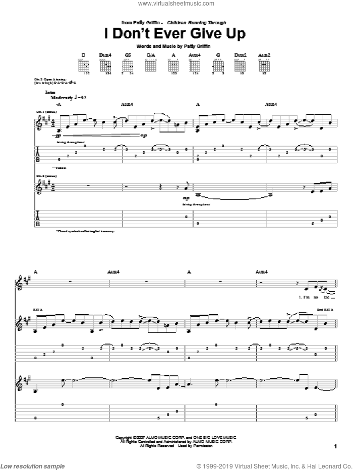 I Don't Ever Give Up sheet music for guitar (tablature) by Patty Griffin, intermediate skill level
