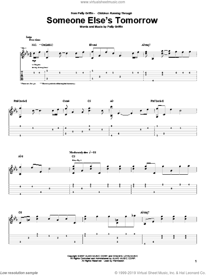Someone Else's Tomorrow sheet music for guitar (tablature) by Patty Griffin, intermediate skill level