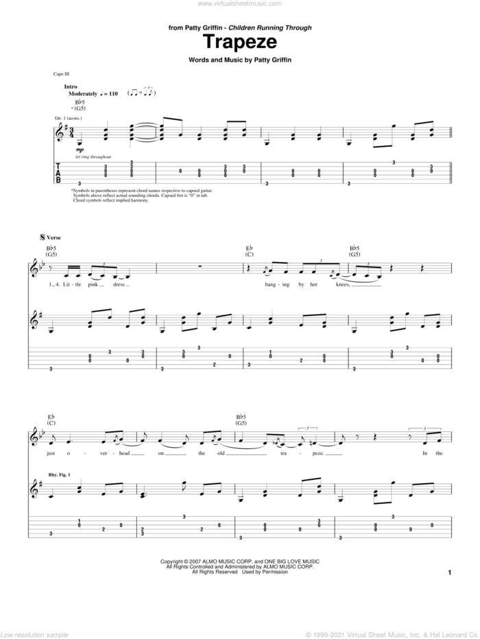 Trapeze sheet music for guitar (tablature) by Patty Griffin, intermediate skill level