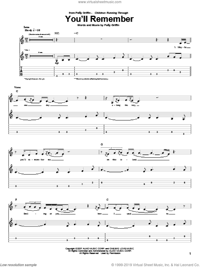 You'll Remember sheet music for guitar (tablature) by Patty Griffin, intermediate skill level