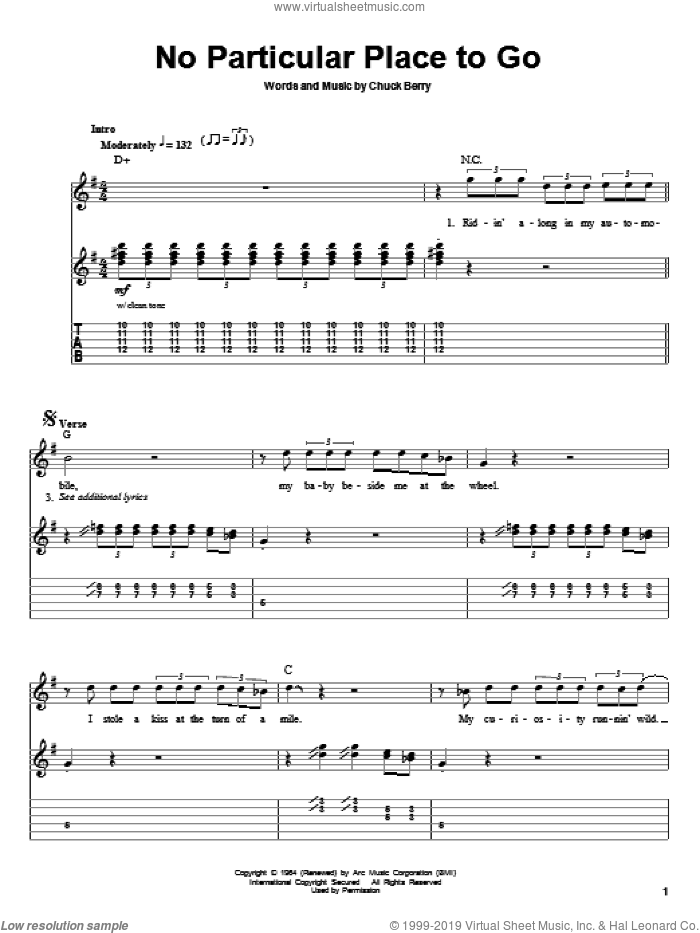 No Particular Place To Go sheet music for guitar (tablature, play-along) by Chuck Berry, intermediate skill level