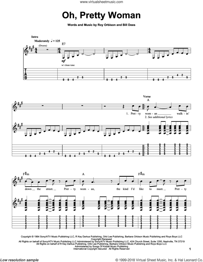Oh, Pretty Woman sheet music for guitar (tablature, play-along) by Roy Orbison, Edward Van Halen and Bill Dees, intermediate skill level