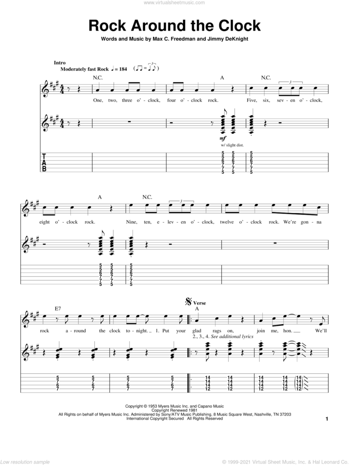 Rock Around The Clock sheet music for guitar (tablature, play-along) by Bill Haley & His Comets, Bill Haley, Jimmy DeKnight and Max C. Freedman, intermediate skill level