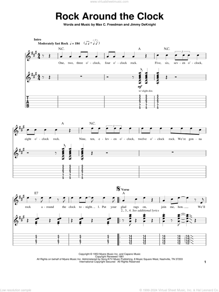 Rock Around The Clock sheet music for guitar (tablature, play-along) by Bill Haley & His Comets, Bill Haley, Jimmy DeKnight and Max C. Freedman, intermediate skill level