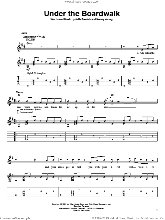 Under The Boardwalk sheet music for guitar (tablature, play-along) by The Drifters, Bette Midler, Artie Resnick and Kenny Young, intermediate skill level