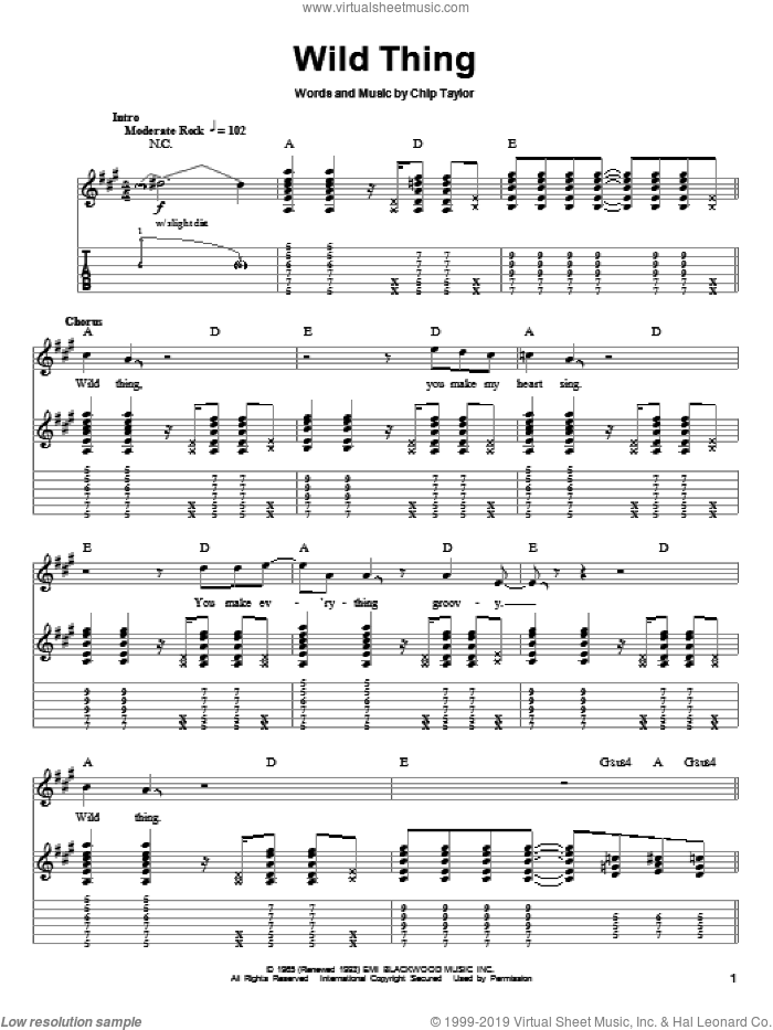 Wild Thing sheet music for guitar (tablature, play-along) by The Troggs, Jimi Hendrix, Sam Kinison and Chip Taylor, intermediate skill level