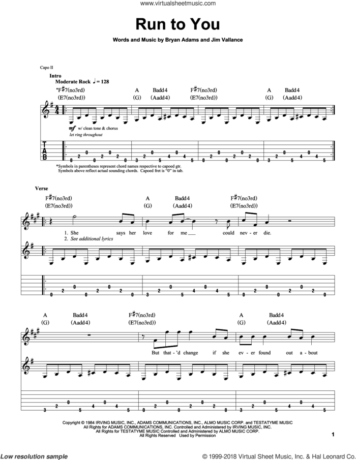 Run To You sheet music for guitar (tablature, play-along) by Bryan Adams and Jim Vallance, intermediate skill level