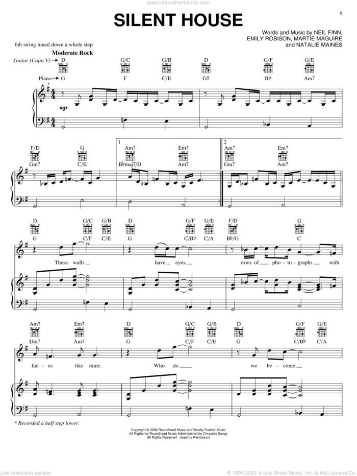 Silent House sheet music for voice, piano or guitar by Crowded House, Dixie Chicks, The Chicks, Emily Robison, Martie Maguire, Natalie Maines and Neil Finn, intermediate skill level