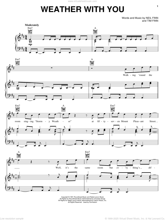 Weather With You sheet music for voice, piano or guitar by Crowded House, Neil Finn and Tim Finn, intermediate skill level