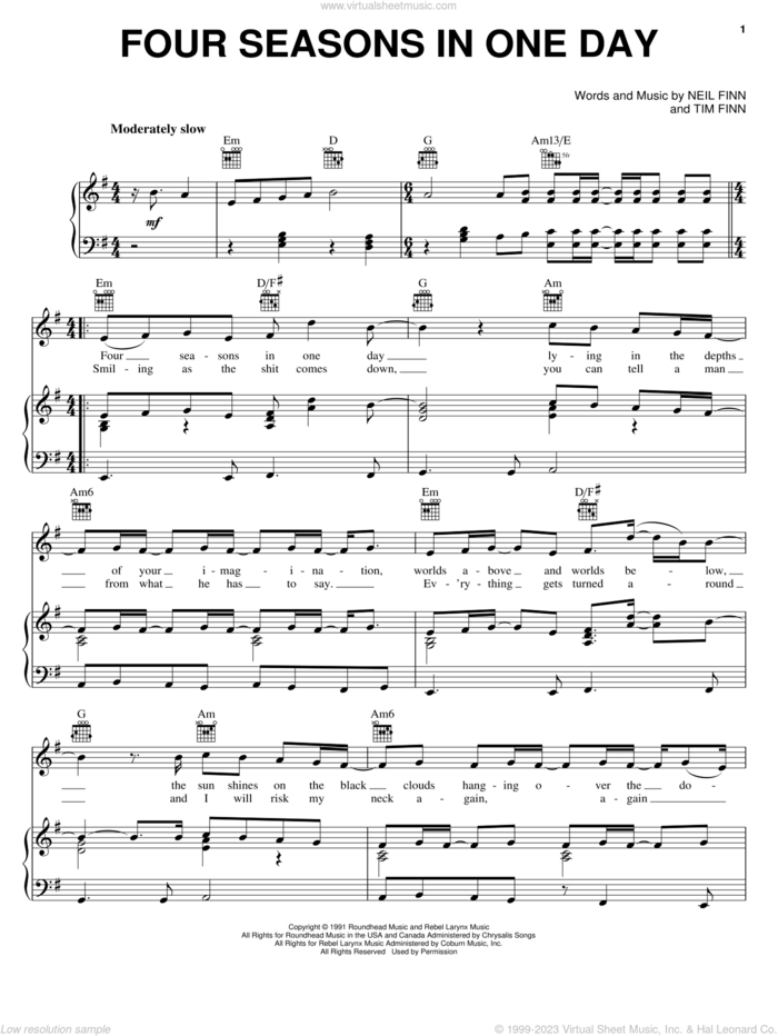 Four Seasons In One Day sheet music for voice, piano or guitar by Crowded House, Neil Finn and Tim Finn, intermediate skill level