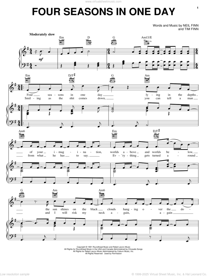 Four Seasons In One Day sheet music for voice, piano or guitar by Crowded House, Neil Finn and Tim Finn, intermediate skill level