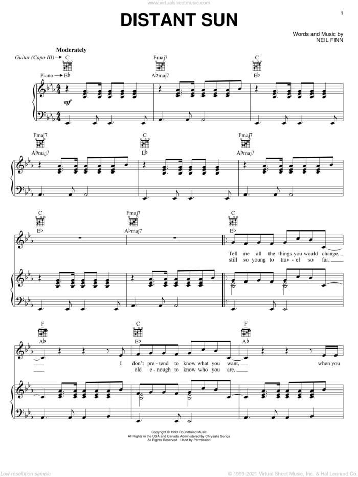 Distant Sun sheet music for voice, piano or guitar by Crowded House and Neil Finn, intermediate skill level