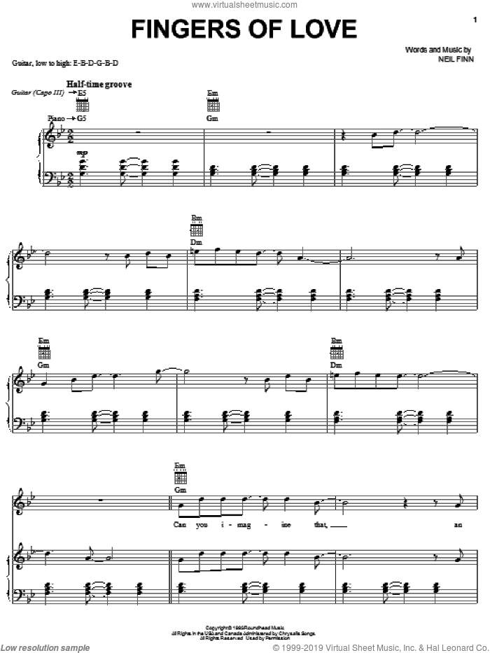 Fingers Of Love sheet music for voice, piano or guitar by Crowded House and Neil Finn, intermediate skill level
