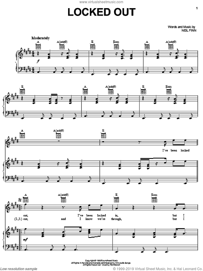 Locked Out sheet music for voice, piano or guitar by Crowded House and Neil Finn, intermediate skill level
