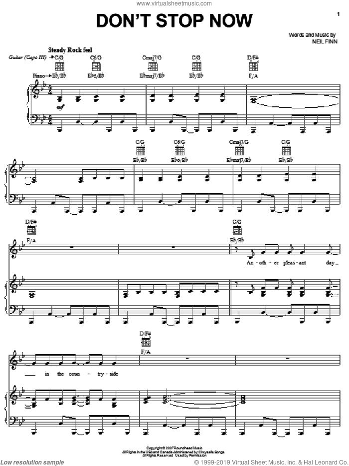 Don't Stop Now sheet music for voice, piano or guitar by Crowded House and Neil Finn, intermediate skill level