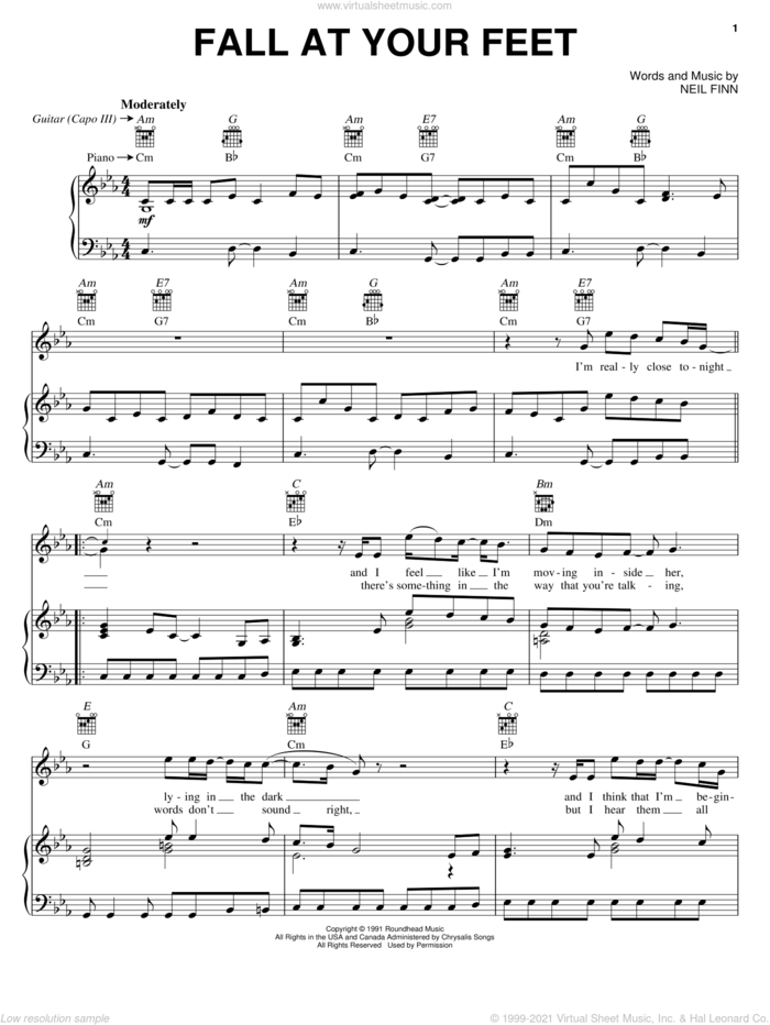 Fall At Your Feet sheet music for voice, piano or guitar by Crowded House and Neil Finn, intermediate skill level