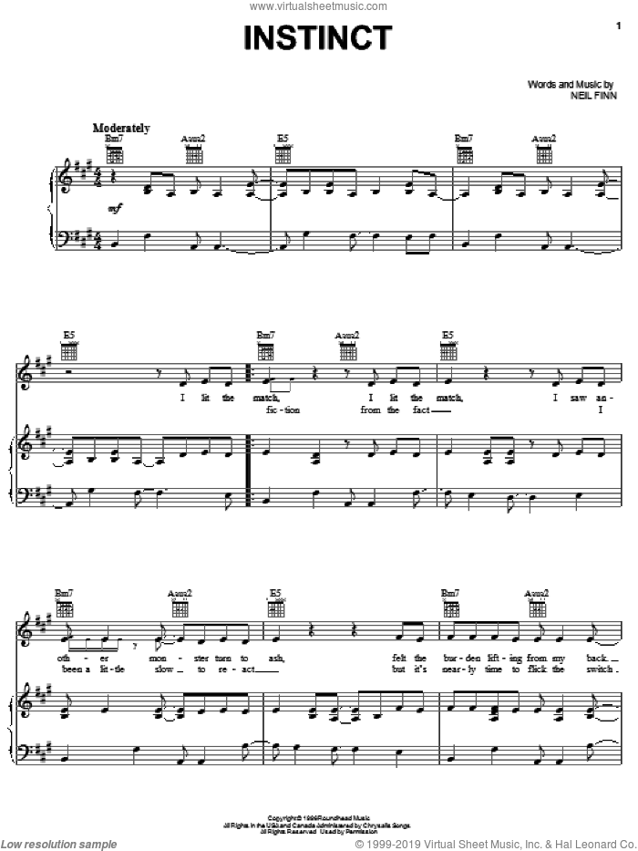 Instinct sheet music for voice, piano or guitar by Crowded House and Neil Finn, intermediate skill level
