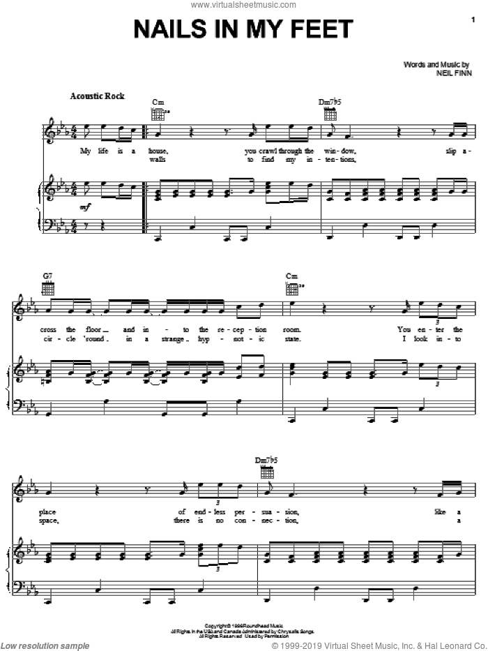 Nails In My Feet sheet music for voice, piano or guitar by Crowded House and Neil Finn, intermediate skill level