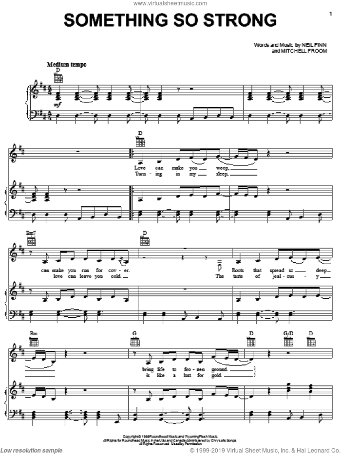 Something So Strong sheet music for voice, piano or guitar by Crowded House, Mitchell Froom and Neil Finn, intermediate skill level