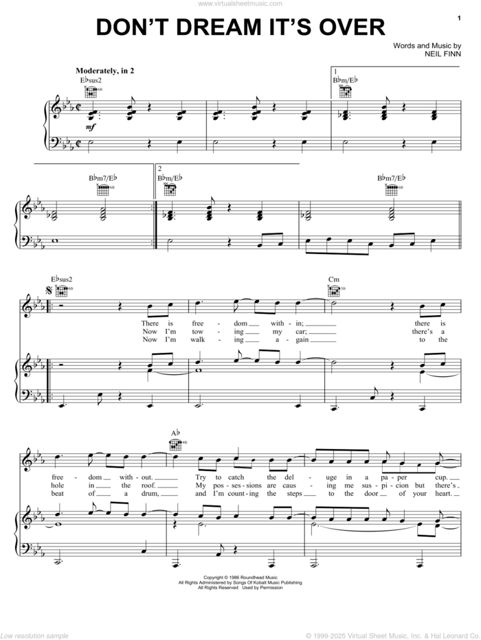 Don't Dream It's Over sheet music for voice, piano or guitar by Crowded House and Neil Finn, intermediate skill level