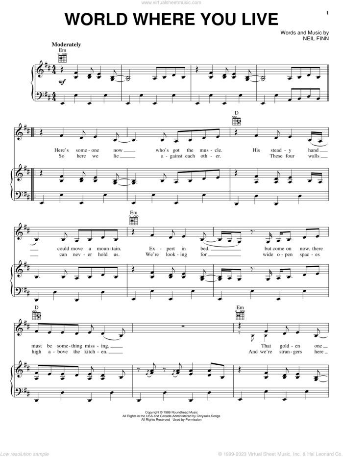World Where You Live sheet music for voice, piano or guitar by Crowded House and Neil Finn, intermediate skill level