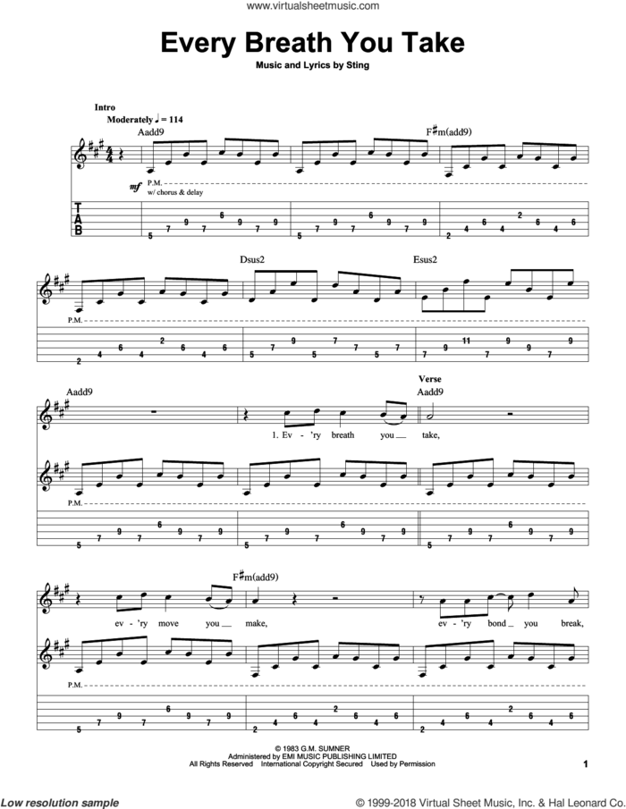 Every Breath You Take sheet music for guitar (tablature, play-along) by The Police and Sting, intermediate skill level