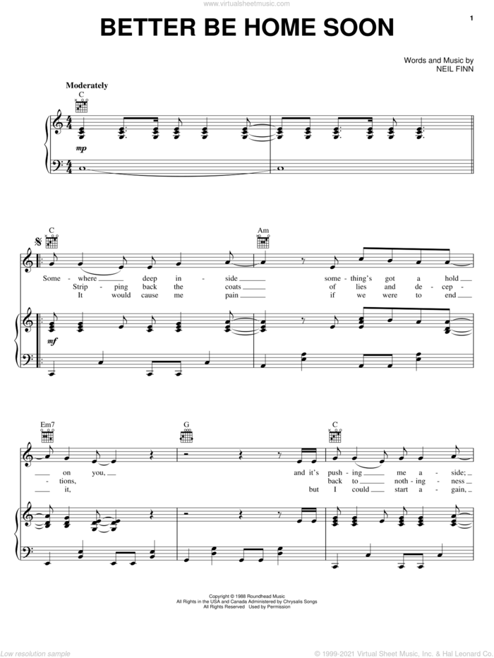 Better Be Home Soon sheet music for voice, piano or guitar by Crowded House and Neil Finn, intermediate skill level