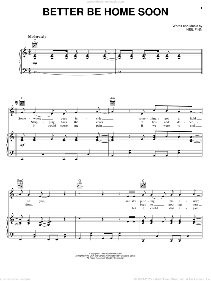 Better Be Home Soon sheet music for voice, piano or guitar by Crowded House and Neil Finn, intermediate skill level