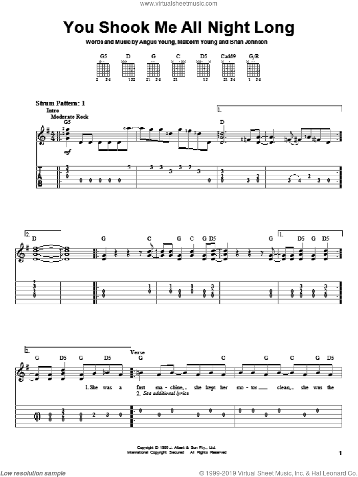 You Shook Me All Night Long, (easy) sheet music for guitar solo (easy tablature) by AC/DC, Angus Young, Brian Johnson and Malcolm Young, easy guitar (easy tablature)