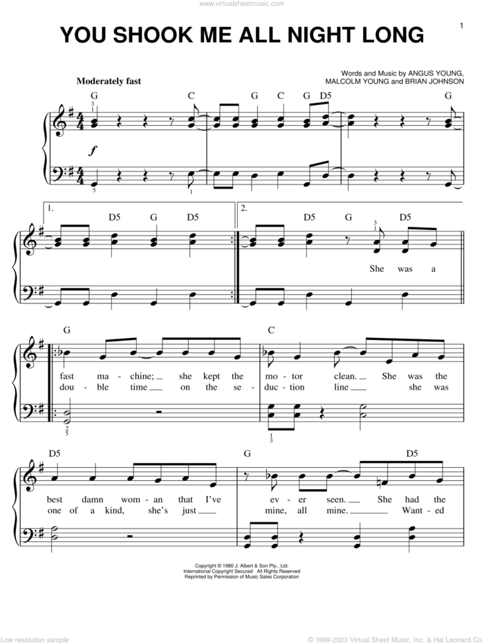 You Shook Me All Night Long sheet music for piano solo by AC/DC, Angus Young, Brian Johnson and Malcolm Young, easy skill level