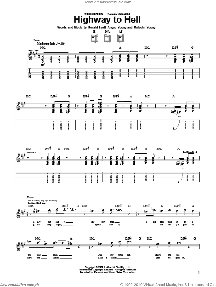Highway To Hell sheet music for guitar (tablature) by Maroon 5, AC/DC, Angus Young, Malcolm Young and Ronnie Scott, intermediate skill level
