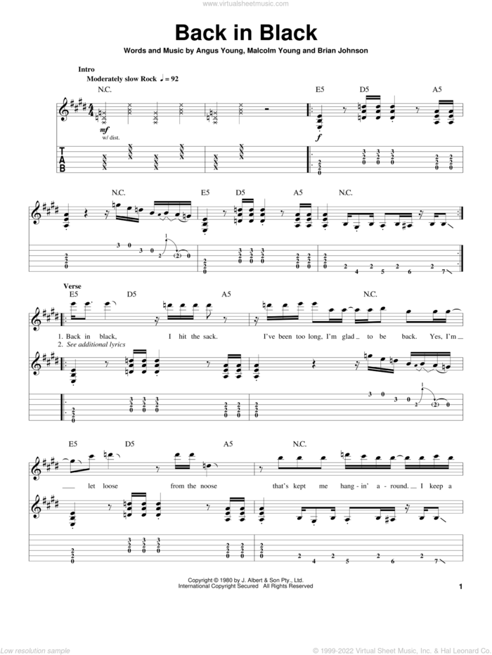 Back In Black sheet music for guitar (tablature, play-along) by AC/DC, Angus Young, Brian Johnson and Malcolm Young, intermediate skill level