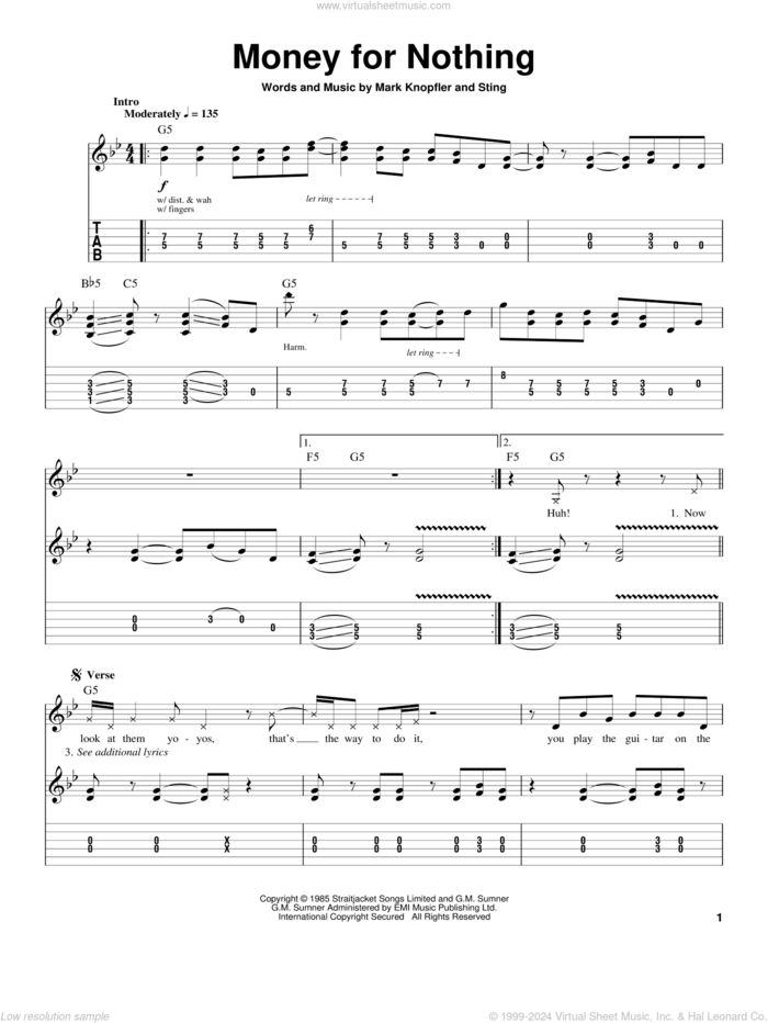 Money For Nothing sheet music for guitar (tablature, play-along) by Dire Straits, Mark Knopfler and Sting, intermediate skill level