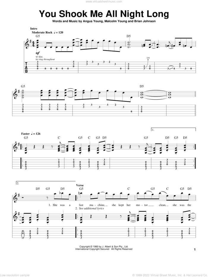You Shook Me All Night Long sheet music for guitar (tablature, play-along) by AC/DC, Angus Young, Brian Johnson and Malcolm Young, intermediate skill level