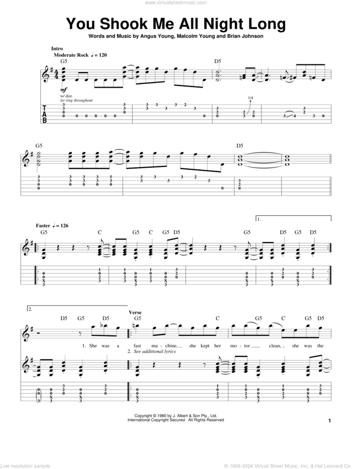 You Shook Me All Night Long sheet music for guitar (tablature, play-along) by AC/DC, Angus Young, Brian Johnson and Malcolm Young, intermediate skill level