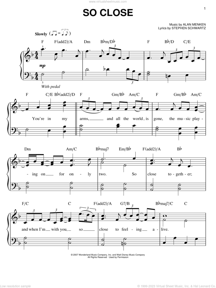 So Close (from Enchanted), (easy) sheet music for piano solo by Alan Menken, Enchanted (Movie), John McLaughlin and Stephen Schwartz, easy skill level