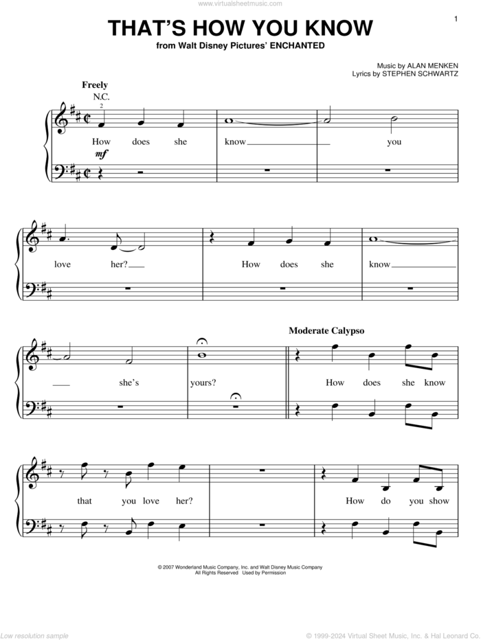 That's How You Know (from Enchanted) sheet music for piano solo by Amy Adams, Enchanted (Movie), Alan Menken and Stephen Schwartz, easy skill level