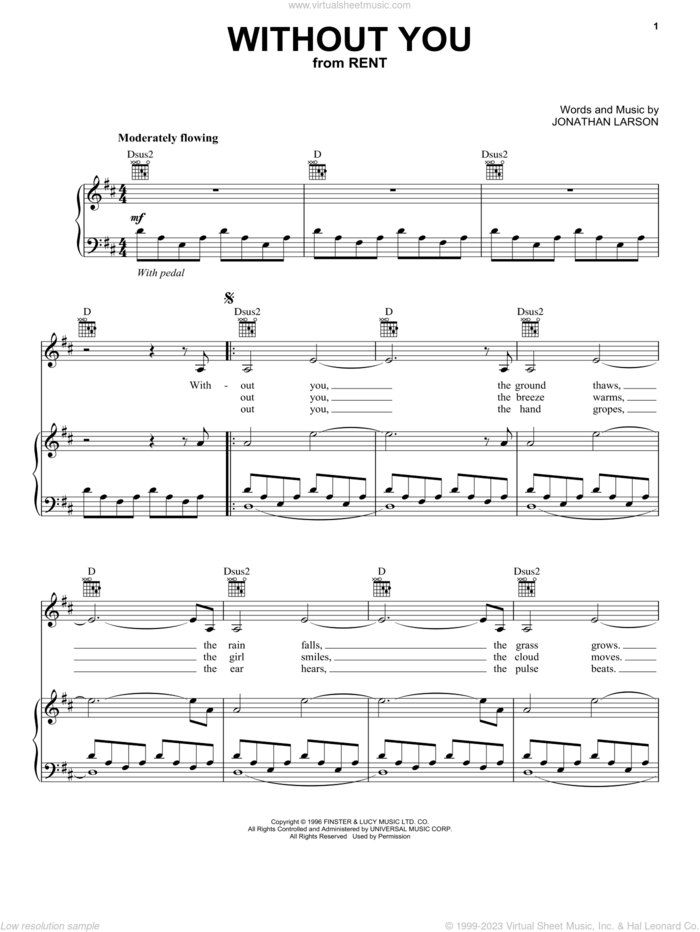 Without You sheet music for voice, piano or guitar by Jonathan Larson, intermediate skill level