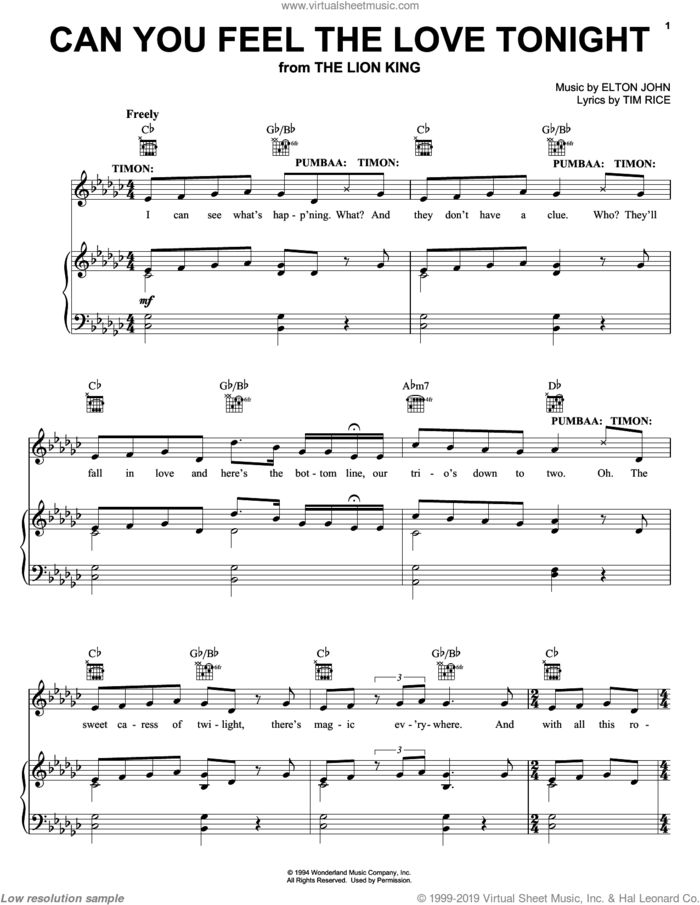 Can You Feel The Love Tonight (from The Lion King: Broadway Musical) sheet music for voice, piano or guitar by Elton John, The Lion King and Tim Rice, wedding score, intermediate skill level