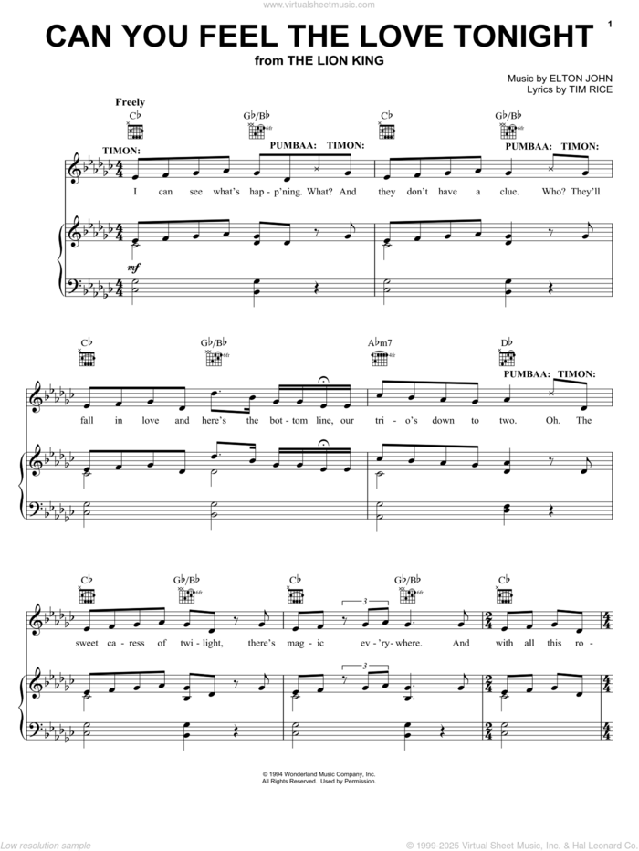 Can You Feel The Love Tonight (from The Lion King: Broadway Musical) sheet music for voice, piano or guitar by Elton John, The Lion King and Tim Rice, wedding score, intermediate skill level