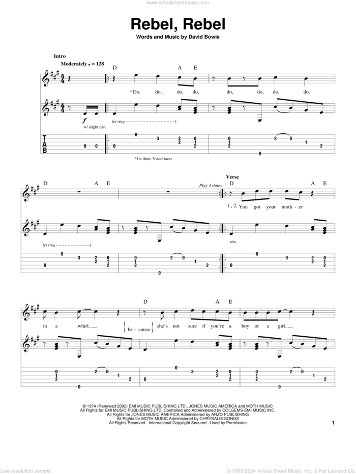 Rebel, Rebel sheet music for guitar (tablature, play-along) by David Bowie, intermediate skill level