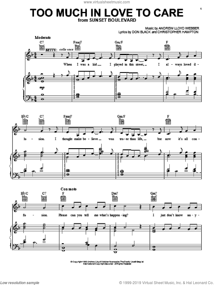 Too Much In Love To Care sheet music for voice, piano or guitar by Andrew Lloyd Webber, Christopher Hampton and Don Black, intermediate skill level