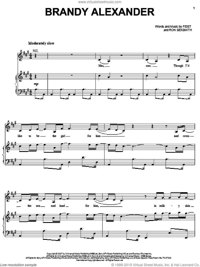 Brandy Alexander sheet music for voice, piano or guitar by Leslie Feist and Ron Sexsmith, intermediate skill level