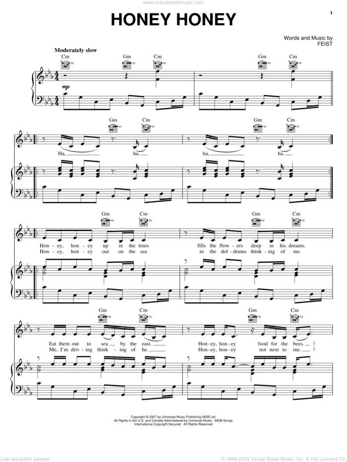 Honey Honey sheet music for voice, piano or guitar by Leslie Feist, intermediate skill level